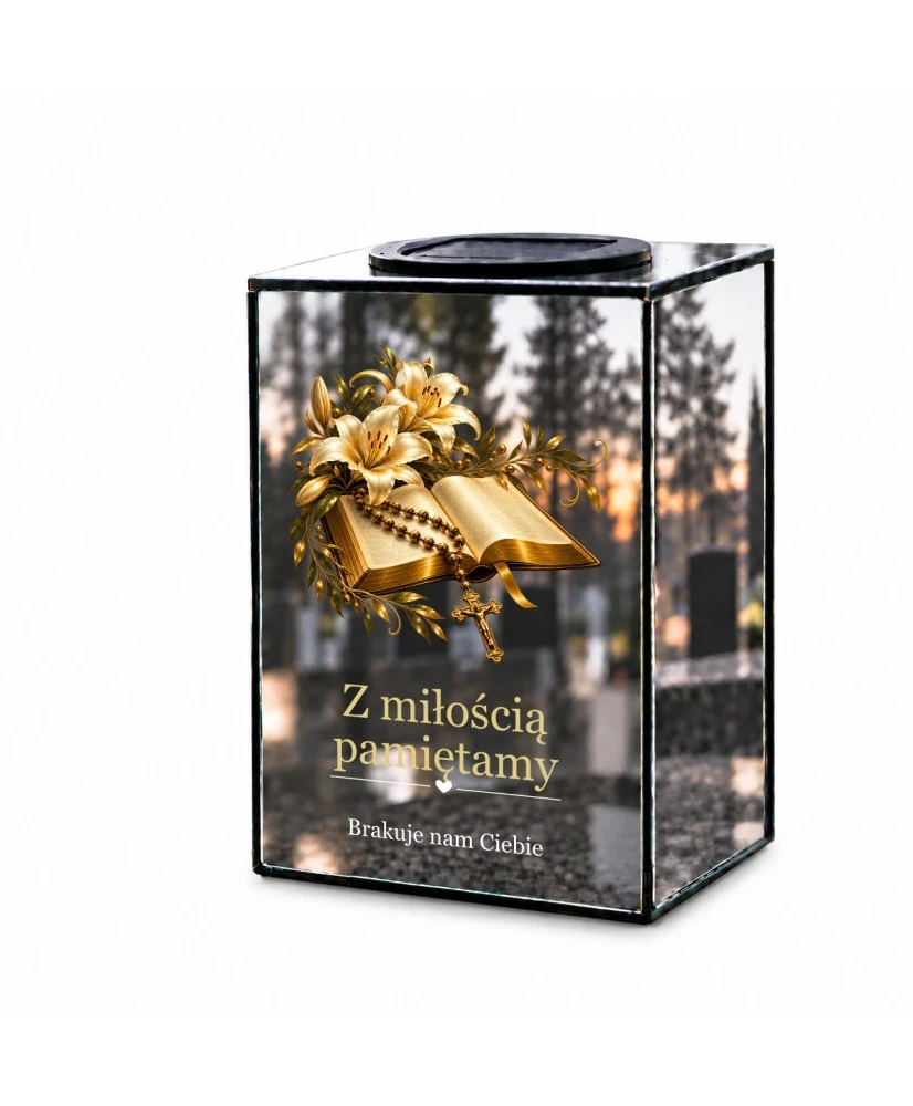 Znicz lustrzany solarny LED – Biblia z krzyżem - widok 2