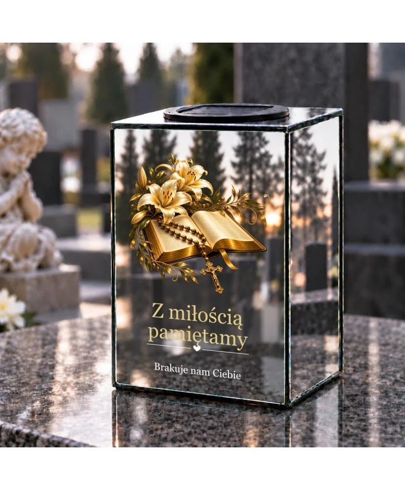 Znicz lustrzany solarny LED – Biblia z krzyżem - widok 3