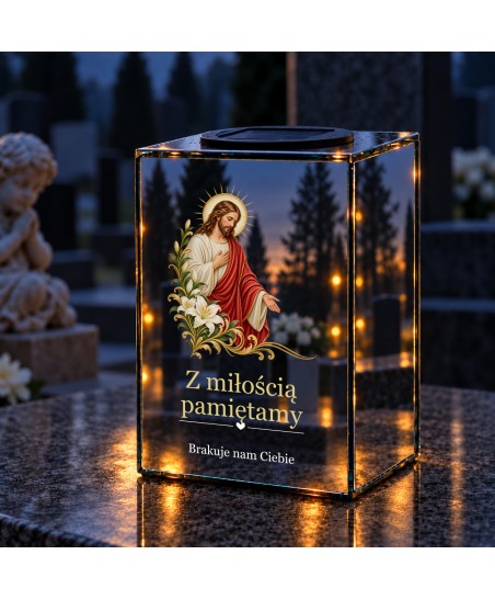 Znicz lustrzany solarny LED – Jezus z liliami