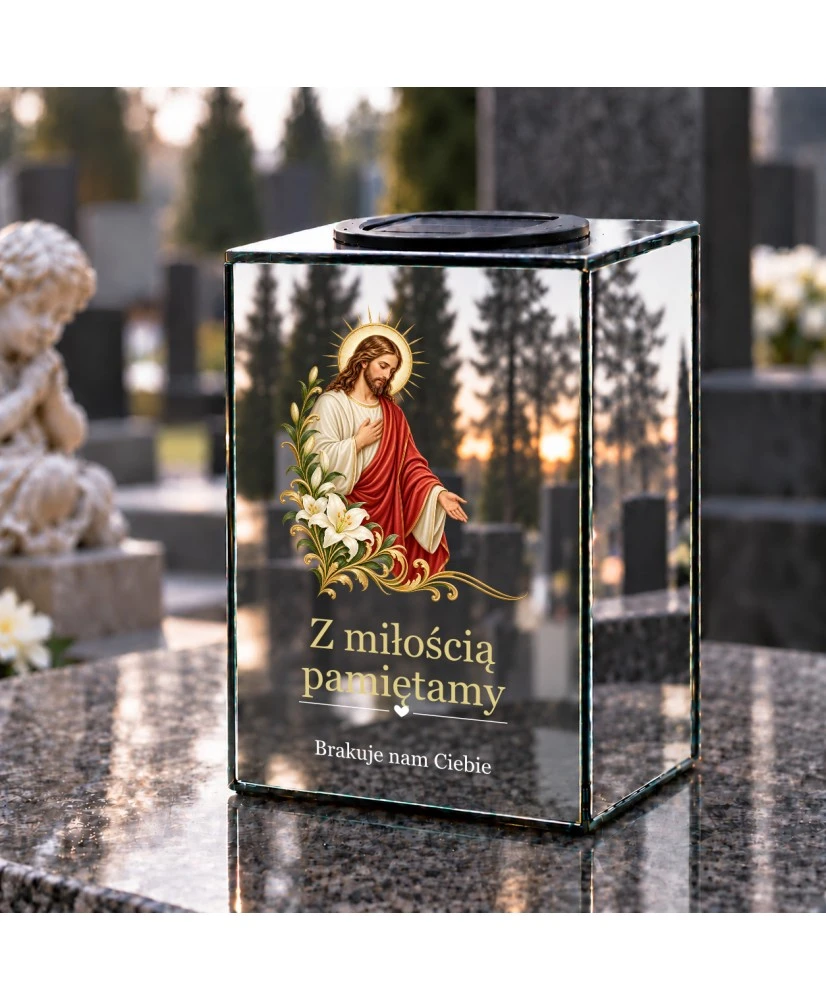 Znicz lustrzany solarny LED – Jezus z liliami - widok produktu