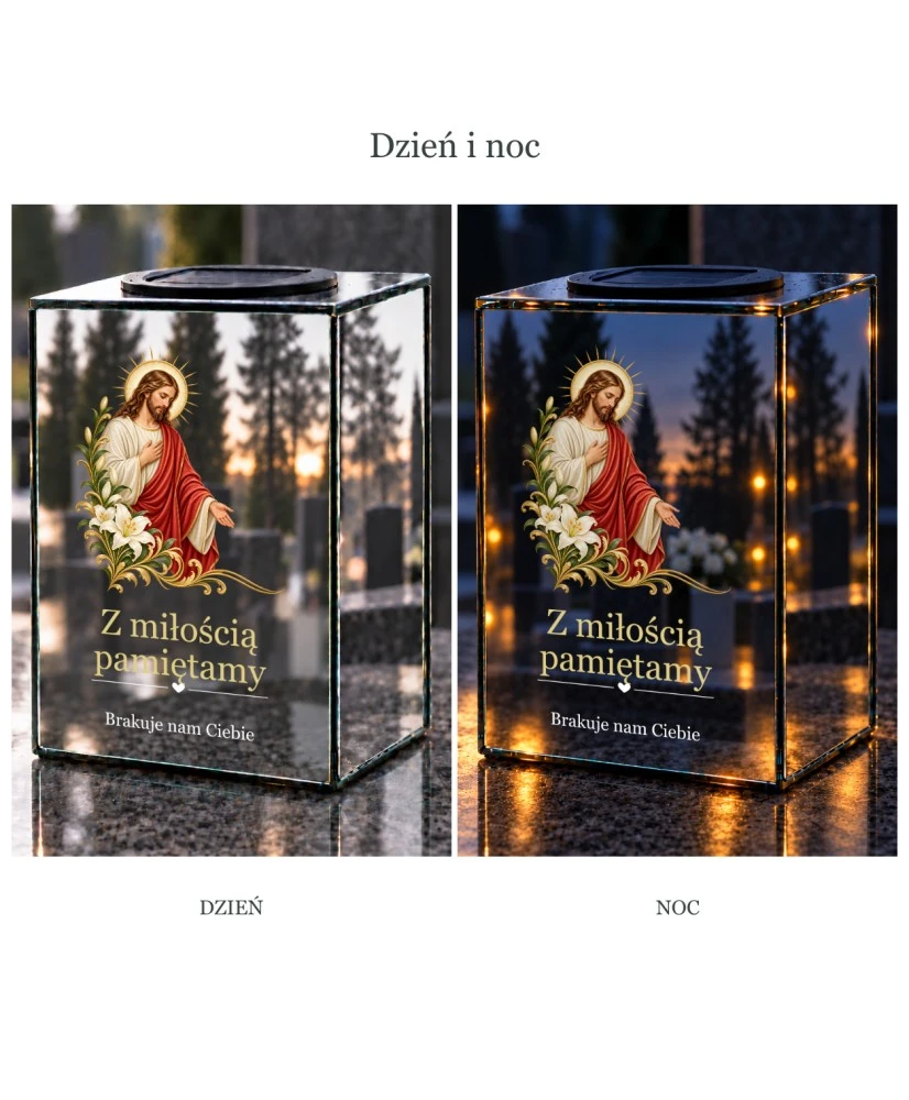 Znicz lustrzany solarny LED – Jezus z liliami - widok produktu
