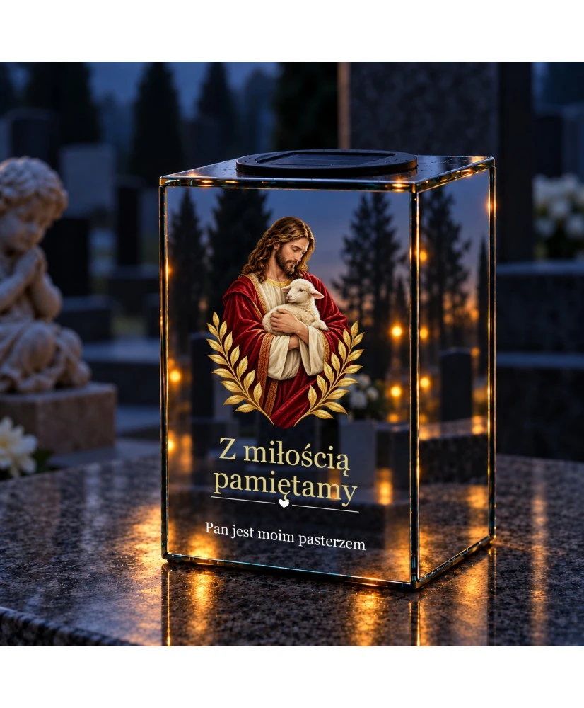 Znicz lustrzany solarny LED – Dobry Pasterz - widok główny