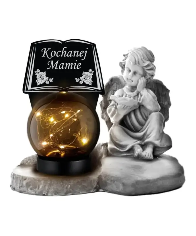 Znicz Premium Gipsowa Statuetka Anioł Na Cmentarz Grób Solar LED