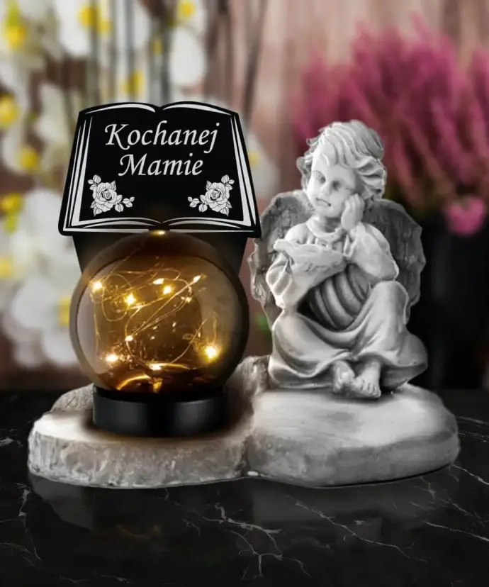 Znicz Premium Gipsowa Statuetka Anioł Na Cmentarz Grób Solar LED