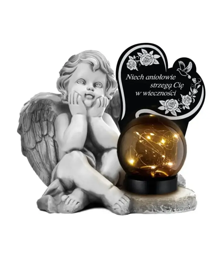 Znicz Premium Gipsowa Statuetka Anioł Serce Na Cmentarz Grób Solar LED