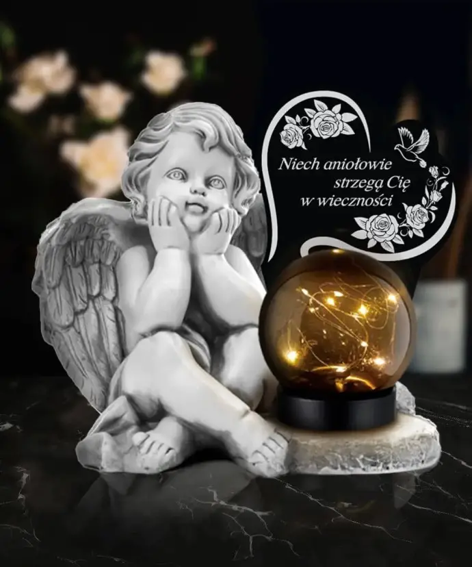 Znicz Premium Gipsowa Statuetka Anioł Serce Na Cmentarz Grób Solar LED