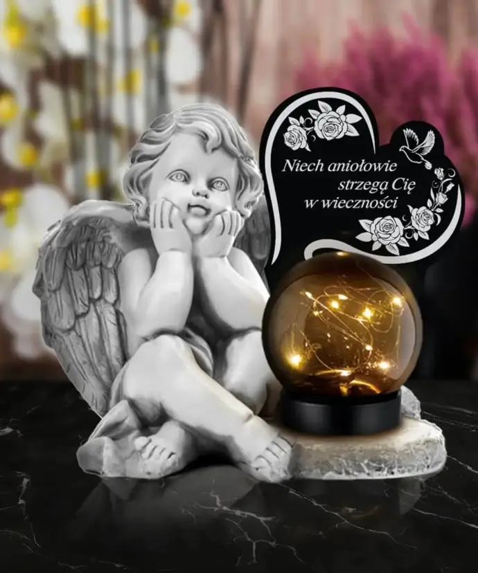 Znicz Premium Gipsowa Statuetka Anioł Serce Na Cmentarz Grób Solar LED