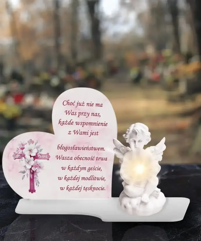 Duży Znicz Premium XL Marmurowy Dla Dzieci Aniołek LED Na Grób